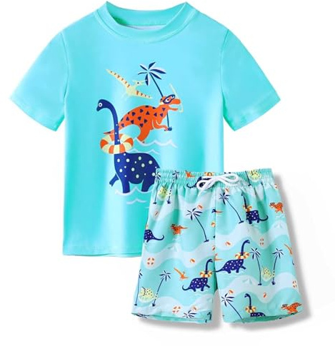 Costume da bagno per bambini, 2 pezzi, con dinosauro a cartoni animati, per ragazzi, rashguard e costume da bagno per spiaggia e piscina, Blu, 3-4 Anni