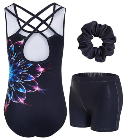 JiAmy Gymnastics Leotards for Girls with Shorts Set, Kids Gymnastics Athletic Outfit, Crisscross Back Dancewear 3Pcs for Kids 3-12 Years