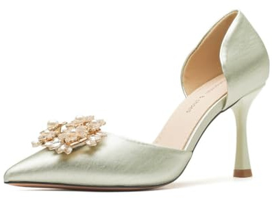 Scarpe con Tacco Alto con Perle e Strass Scarpe da Sposa in Raso da Donna da Cerimonia Sexy Design Traforato comode da Lavoro con Punta Affusolata Verde 37
