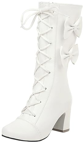 Bottines d'hiver coréennes pour femme 2023 - Rose - Avec nœud papillon - Talon haut - Talon haut - Bottes d'étude, Blanc., 39 EU
