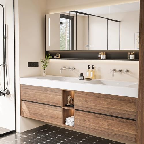 Modern 51in Double Bathroom Vanity Set with Sinks Brown Furniture & Mirror Cabinet Stylish Storage & Washbasin Unit for Home Renovation & Upgrades