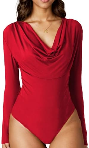 Sukiglam Body Femme Manches Longues Élégant Cowl Neck Bodysuit Tops Sexy Slim Fit Body Thong Shirt Stretch Justaucorps Casual Chemisiers Combinaison Blouses for Club Fête Chic Automne Hiver Bodys Top