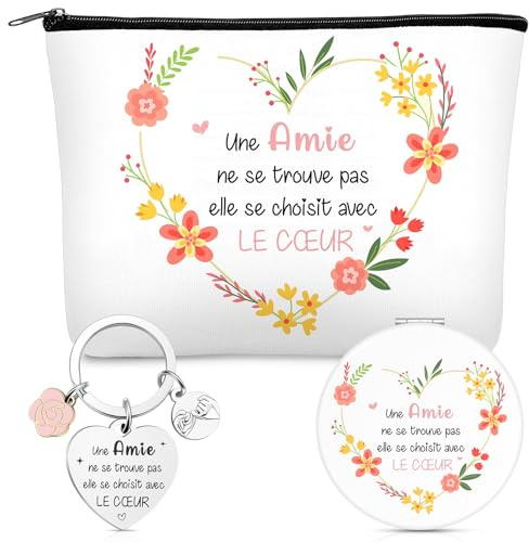 Maitys 3 Pièces de Set de Cadeaux pour Meilleure Amie Femme Sœur 1 Trousse de Maquillage avec Fermeture Éclair 1 Miroir de Voyage avec Loupe 1 Porte-Clés avec Texte pour BFF Noël Anniversaire Adieu