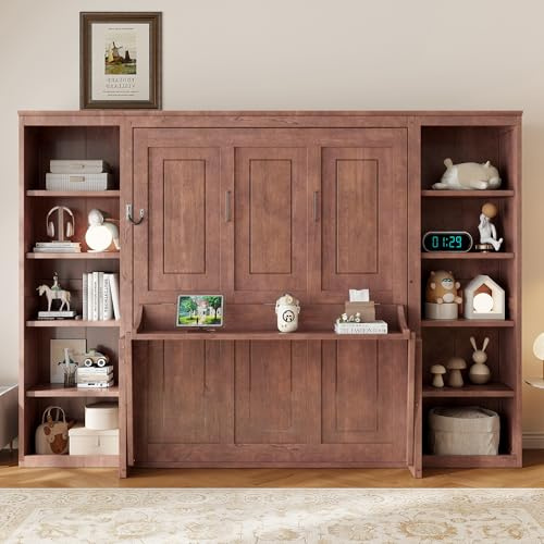 VilroCaz Farmhouse Full Size Murphy Bed with Desk and Bookshelf, Solid Wood Wall Cabinet Bed Frame, Can be Folded Space-Saving Design (Full)