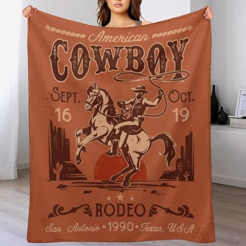 Western Cowboy Throw Blanket,Hand Drawn Vintage Rustic Wild West Cowboys Riding Horse Pattern Soft Cozy Warm Flannel Blankets for Sofa Couch Bed Gifts for Lover Kids Girls Boys Women Adults 30x40 Inch