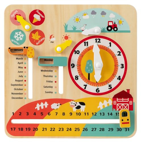 COSTWAY Kids Calendar Clock, Wooden Montessori Educational Learning Toy with Clock, Seasons, Weathers, Days, Weeks and Months, Preschool Interactive Learning Board Gift for Boys Girls Aged 3+