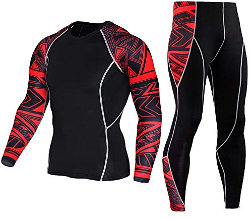 Men's Workout Set Compression Shirt and Pants Top Long Sleeve Sports Tight Base Layer Suit Quick Dry & Moisture-Wicking Red L