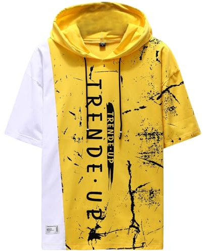 KENAIJING Sweat Manche Courte Homme Tee Shirt Sweats à Capuche Patchwork Hoodie (S, Jaune)