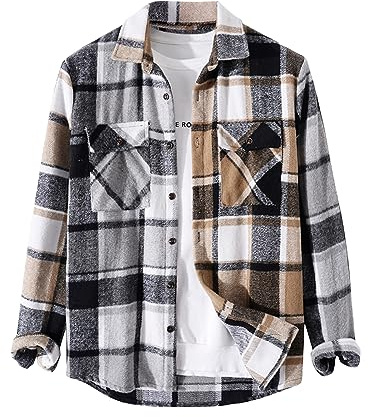 ZAFUL Classic Plaid Shirt for Men Plaid Print Flannel Shirt Gray M