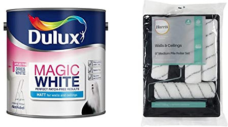 Dulux Magic White Matt Emulsion Paint - Pure Brilliant White - 2.5L & Harris Seriously Good Walls & Ceilings Paint Roller Set 9in | Includes 1 x 9 Frame, 4 x 9 Medium Pile Roller Sleeves & Tray | 9