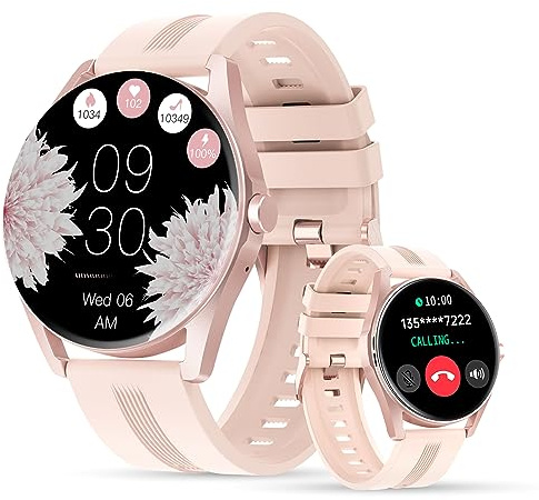 LUNIQUESHOP LSTIME - Damklocka med Bluetooth-samtal, röstassistent, smartwatch, spänning, puls, sömn, stegräknare, musik, smart fitnessarmband, vattentät, iOS/Android, pink, M, Modern