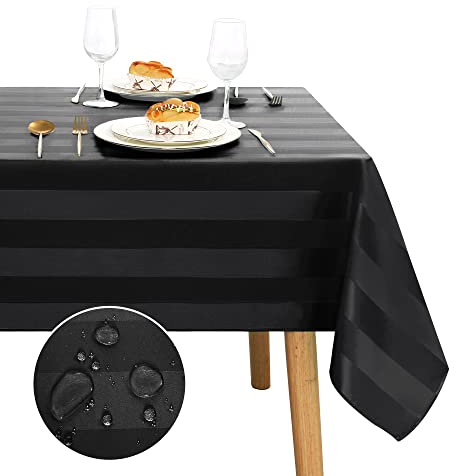 JIUZHEN Mantel de Mesa Impermeable Antimanchas con Efecto Loto, Mantel Negro a Rayas para Exterior y Jardín, Lavable, Tamaño Rectangular 135 x 200 cm