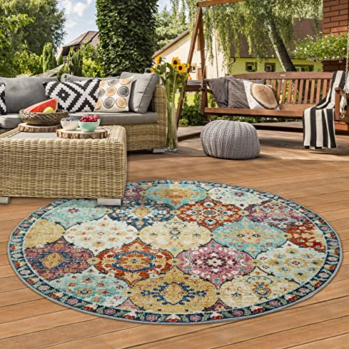 Teppich-Traum Alfombra oriental para interiores y exteriores para balcón | hermosos adornos | multicolor, 120 cm redonda