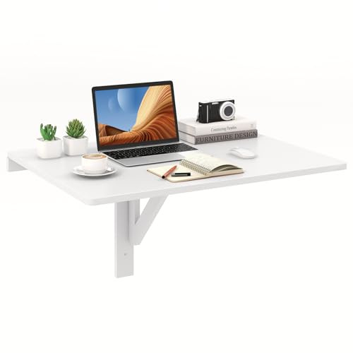 GYMAX Mesa Plegable de Pared de 80 x 60 cm, Carga 20 kg, Escritorio Plegable Pared Pino para Ahorrar pequeños Espacios, Mesa Comedor para Comedor, Habitación, Estudio (Blanco)