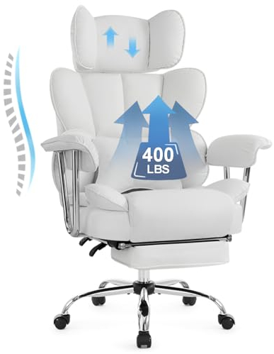 IWMH Bürostuhl mit Fußstütze,Ergonomischer PU Leder Bürostuhl 180kg,Chefsessel mit Armlehnen und Kopfstütze, Chefsessel Computerstuhl mit Rückenlehne (Weiß)