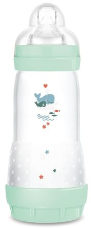 MAM Biberon Easy Start 320 ml, Biberon anticolica per allattamento misto, Riduce le bolle d'aria e il rischio di coliche, Accessori neonati 4+ mesi autosterilizzanti e con tettarella misura 3, Verde