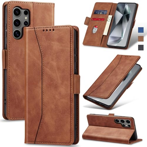 Jasonyu Skal för Samsung Galaxy S24 Ultra, Wallet PU Läder Fodral, Brun | Flippfodral, Magnetisk,Vikbart Skyddande,Stativfunktion,Kortfack, Stötsäker TPU
