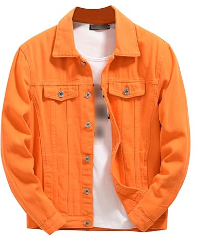 Mens Button Denim Jacket Casual Classic Slim Fit Jean Coat Washed Trucker Cowboy Coats (Large,Orange)
