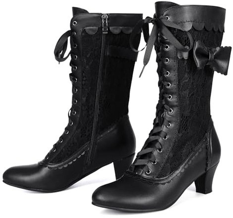 Voviggiw Stivali vittoriani vintage da donna Stivali da nonna al polpaccio con cerniera Costume rinascimentale Scarpe con tacco medio Abito da sposa Stivali con fiocchi Marchio nero Taglia 36