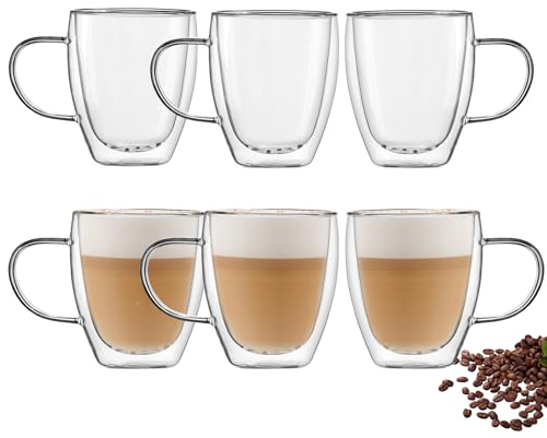 YALYAYA Lot de 6 verres à latte macchiato - 350 ml - Verres isothermes à double paroi - En verre borosilicate - Pour cappuccino, café, thé - Avec anse