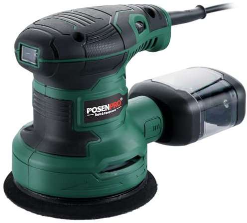 POSENPRO Smerigliatrice Orbitale 300W, Levigatrice Orbitale Ø125 mm, 6 Velocità, 7000-13000 Orbite/min, 20PCS Dischi Abrasivi, Circuito Oscillante 2,0 mm, Scatola di Raccolta della Polvere
