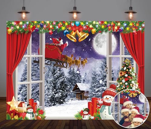 Toile de Fond pour Fenêtre de Noël - Scène de Neige, Arbre, Bonhomme de Neige, Père Noël - Arrière-Plan pour Photographie, Anniversaire, Hiver, Famille, Vacances, Nouvel An, Décoration de Fête