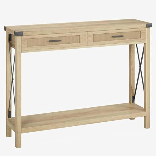 Litake Konsolentisch Rattan mit 2 Schubladen& Offene Ablage, Flurtisch Eingangstisch Schmaler Sofatisch für Wohnzimmer, Arbeitszimmer, Eingangsbereich oder Fernsehwand