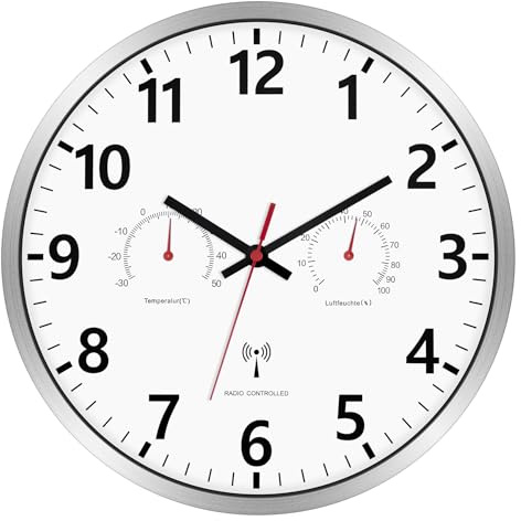 Foxtop Orologio da Parete Radiocontrollato 30 cm con Termometro e Igrometro, Silenzioso - Per Bagno, Cucina, Soggiorno, Camera da Letto, Ufficio e Garage