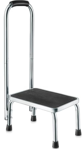 Step Stool with Handle for Adults Step stools with Handle for Elderly for Bed Chrome-Plated Steel Frame 330Lbs Capacity Use At Home Bathroom Kitchen