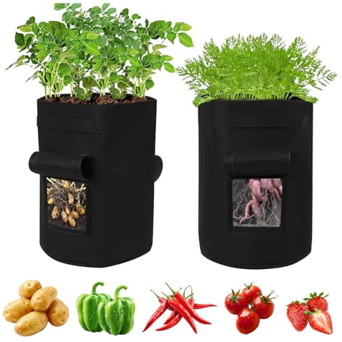 GESDYO 2 Pack 15 Gallon Plant Growing Bags,Potato Grow Bags,Gardening Plant Growing,Felt Plant Growing Bag Tomato, Carrot Vegetable Planter Container with Window - Black