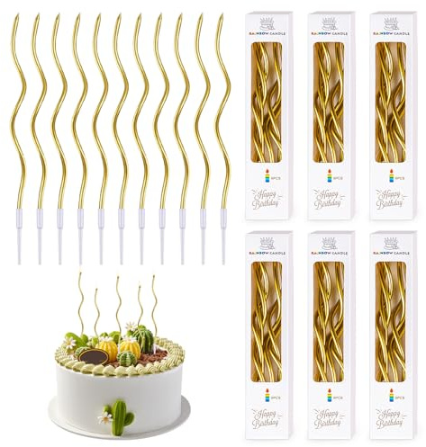 LAIVIYA Velas Cumpleaños, 60PCS Velas Largas Y Elegantes, Velas De Cumpleaños En Espiral, Velas CumpleañosOriginales Con Soporte， VelasDe Cumpleaños Doradas Para Tarta Cupcakes (Oro)