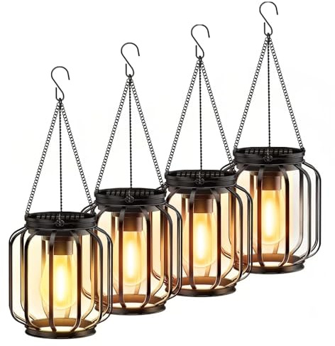 BUCASA Lámparas solares de jardín para exteriores colgantes, 4 unidades de farolillos solares para exteriores con bombilla LED más grande, IP65 resistente al agua, metal para exteriores, terraza