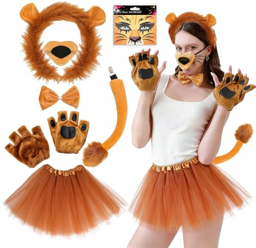 Disfraz de Animal para Mujer Adulta, Orejas Leopardo Falda Tutú Pajarita Cola Pegatinas Temporales, Traje de Disfraz Adulta para Carnaval, Halloween, Cumpleaños, Fiesta Temática, Cosplay (León)