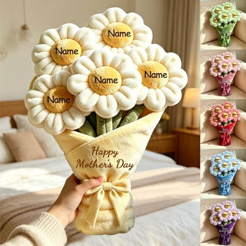 Cojín de felpa personalizado con impresión plana 2D de ramo de margaritas para sofá, dormitorio, sala de estar, personalizado con 1-10 nombres, tema del Día de la Madre, ramo para mamá, abuela