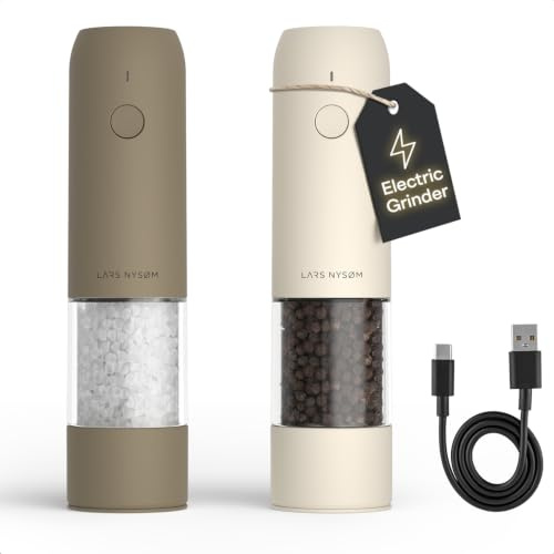 LARS NYSØM Moulin à Sel et Poivre Électrique Lot de 2, Rechargeable USB-C, Moulin à Épices Automatique, Mouture Réglable, Broyeur Céramique, Lumière LED, Remplissable (Brown/Beige)