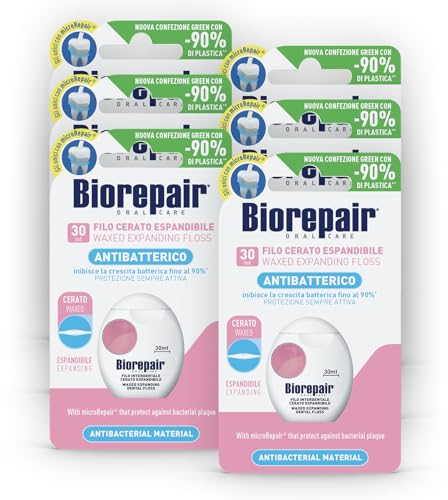 Biorepair, Filo Interdentale Cerato Espandibile, 6 x 30 mt, Ideale per Gengive Delicate, con MicroRepair, Protegge dalla Placca Batterica, Inibisce la Crescita Batterica Fino al 90%, per Igiene Orale