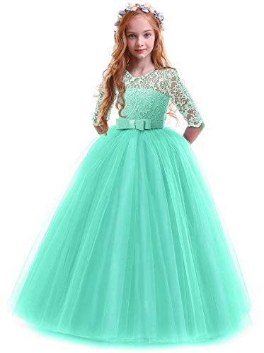 FYMNSI Vestido de Niña Flor de Encaje Manga 3/4 Tul Princesa Maxi Vestido Largo Dama de Honor de la Boda Fiesta de Cumpleaños Comunión Noche Paseo Baile Cóctel Vestidos de Gala Verde 5-6 Años