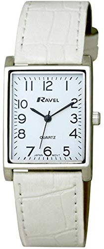 Ravel - Reloj Rectangular Tradicional Unisex con Esfera Numérica Clara - Blanco
