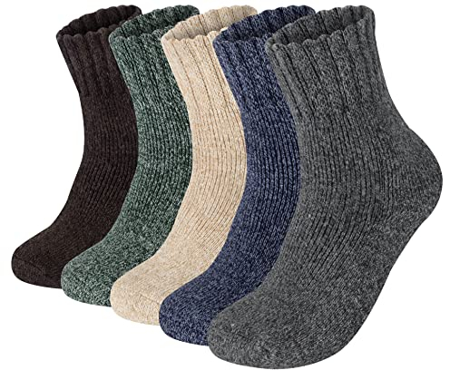 Justay 5 Paar Winter Merino Socken Herren Gemütlich Wollsocken Thermosocken Warme Dicke Wintersocken Stricksocken Baumwollsocken Wandersocken Trekkingsocken Atmungsaktive Schwarz Blau Beige EU 38-45