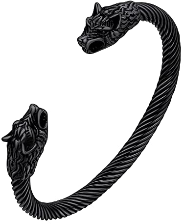 FaithHeart Wikinger Schmuck für Herren Jungen Punk Viking Fenrir Wolfkopf Armreif verstellbares Kettenarmband mit Geschenkebox für Freunden Ehemann