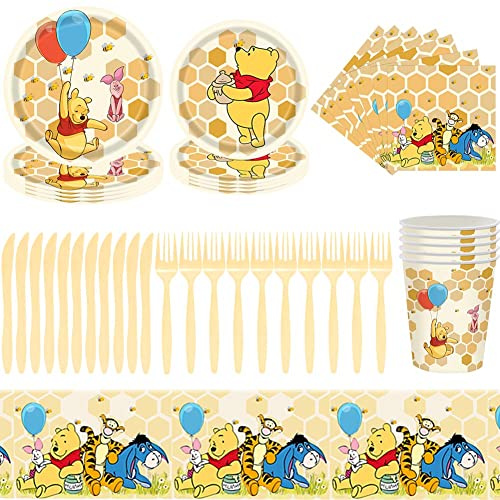 OBLRXM Cartoon Bear Birthday Decoration Set - 71 Piece Party Tableware Including Plates, Cups for Kids