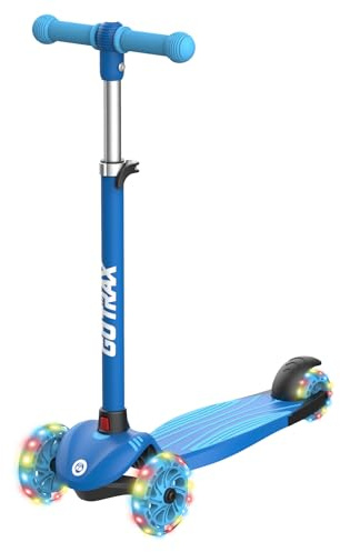 Gotrax KS1 Kids Kick Scooter, LED Lighted Wheels and 3 Adjustable Height Handlebars, Lean-to-Steer & Widen Anti-Slip Deck, 3 Wheel Scooter for Boys & Girls Ages 2-8 and up to 100 Lbs (Blue)