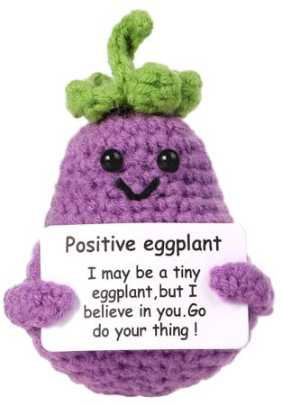 Aubergine, positiv, lustig, 8 cm, Auberginenspielzeug, gestrickt, mit positiver Karte, kreativ, niedlich, Wolle, Auberginenpuppe, positiv, zur Förderung der Freunde, Partydekoration