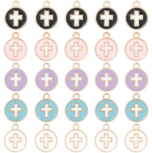 SUNNYCLUE 1 caja de 50 piezas de Dijes Cruzados, Dije Cruzado blanco y negro, Crucifijo plano, redondo, colorido, para vacaciones de Pascua, dijes huecos para hacer joyas
