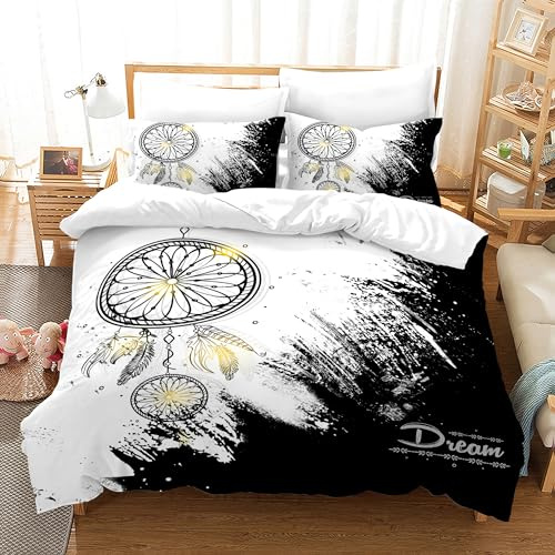 Juego de Cama Pluma135x200cm, Ropa de Cama Boho Flor atrapasueños para Cama de Matrimonio, Microfibra Estampada 3D Suave y Confortable con 2 Fundas de Almohada (Pcchisogni, Singolo-135x200)