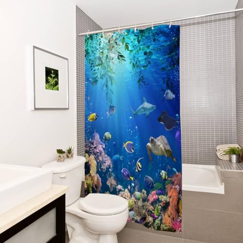 goodbath Duschvorhang 120x180 cm Tropfen, unter Ozeanfisch Anti Schimmel Stoff wasserdichte Badevorhänge für Badezimmer Badewanne, Hellblau