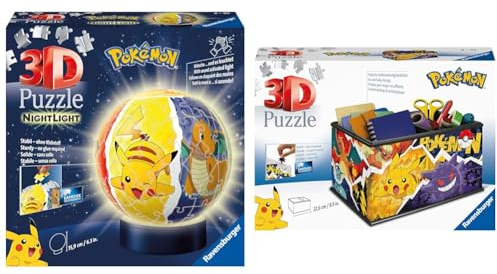 Ravensburger 3D Puzzle 11547 - Nachtlicht Puzzle-Ball Pokémon & 3D Puzzle 11546 - Aufbewahrungsbox Pokémon - 216 Teile - Praktischer Organizer für Pokémon Fans ab 8 Jahren