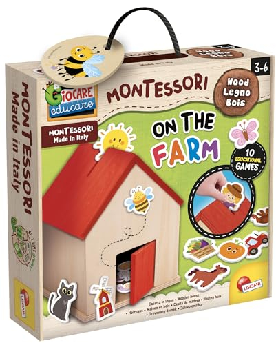 Lisciani - Montessori Baby Bois - La Ferme - Jeu Éducatif pour Enfants dès 9 mois - Maisons 3D en bois et Animaux De La Ferme - Développe Tactilité et Logique - Fabriqué En Italie