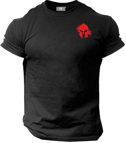 Blood Spartan Helmet T Shirt Pocket Gym Clothing Bodybuilding Training Workout Exercise MMA Top - Red Print (UK, Alpha, XL, Regular, Regular, Black)