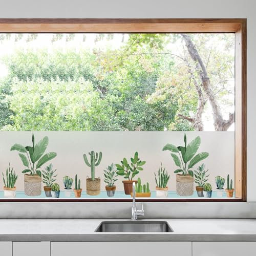 dktie Fensterfolie Blickdicht Sichtschutzfolie Fenster Milchglasfolie Topfpflanzenmuster Statisch haftend ohne Klebstoff Wiederverwendbar Geeignet für Wohnzimmer, Schlafzimmer, Küche 44.5x200cm